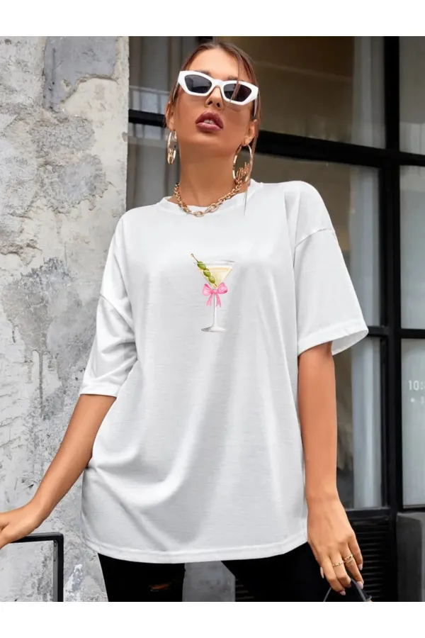 White Color Martini Printed Unisex Oversize T-Shirt