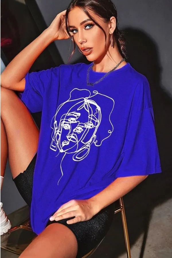 Women's Sax Blue Face Print Detailed Oversize T-shirt