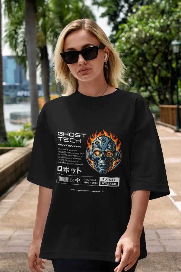 Unisex Erkek/Kadın Ghost Tech Renkli Özel Baskılı Oversize Pamuklu Bisiklet Yaka T-Shirt Tişört