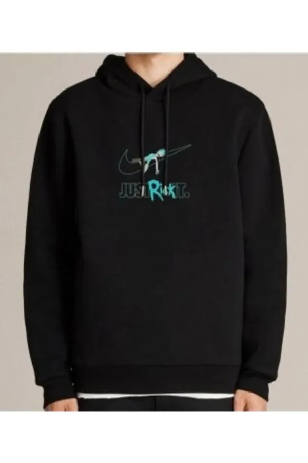 Blackjackgiyim Rick Just Rick It Baskılı Siyah Unisex Kapşonlu Sweatshirt Uzun Kol