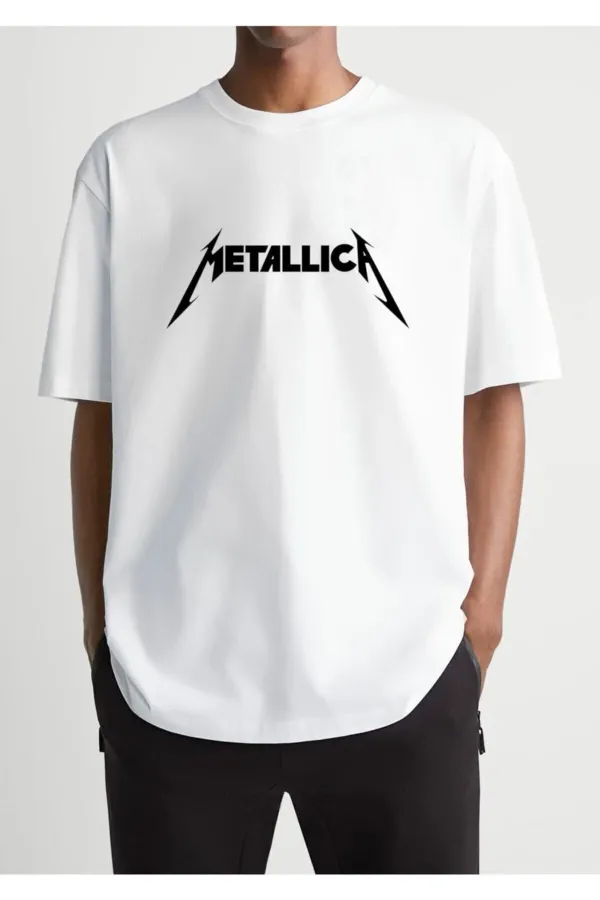 Oversize White Metalica Logo Printed T-shirt
