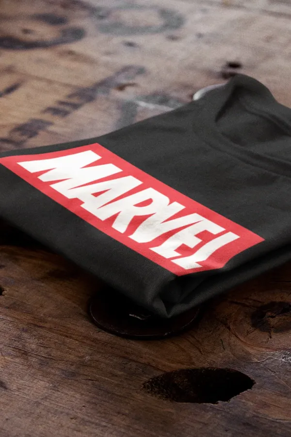 Marvel Logo Baskılı Siyah Kısa Kollu Unisex Tişört