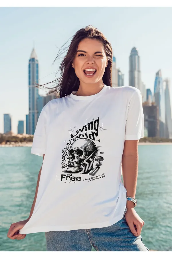 Unisex Erkek/Kadın LIVING WILD Renkli Özel Baskılı Oversize Pamuklu Bisiklet Yaka T-Shirt Tişört