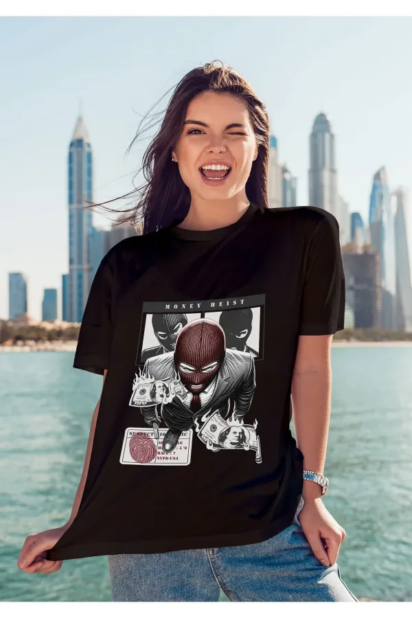 Unisex Erkek/Kadın MONEY HEIST Renkli Özel Baskılı Oversize Pamuklu Bisiklet Yaka T-Shirt Tişört