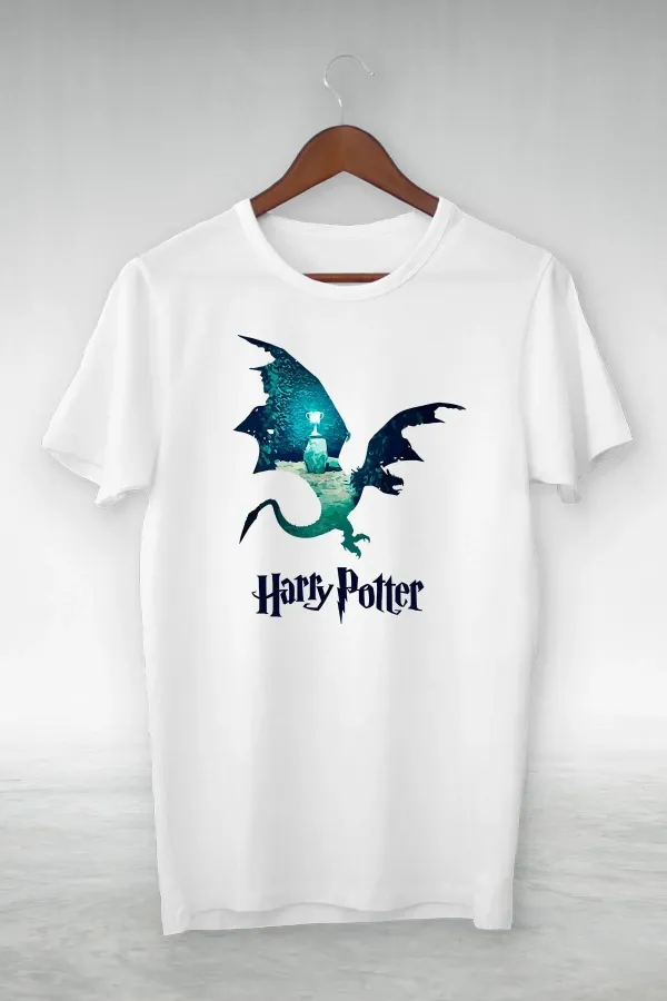 Unisex Beyaz Harry Potter Ejderha Illustrasyon Tshirt
