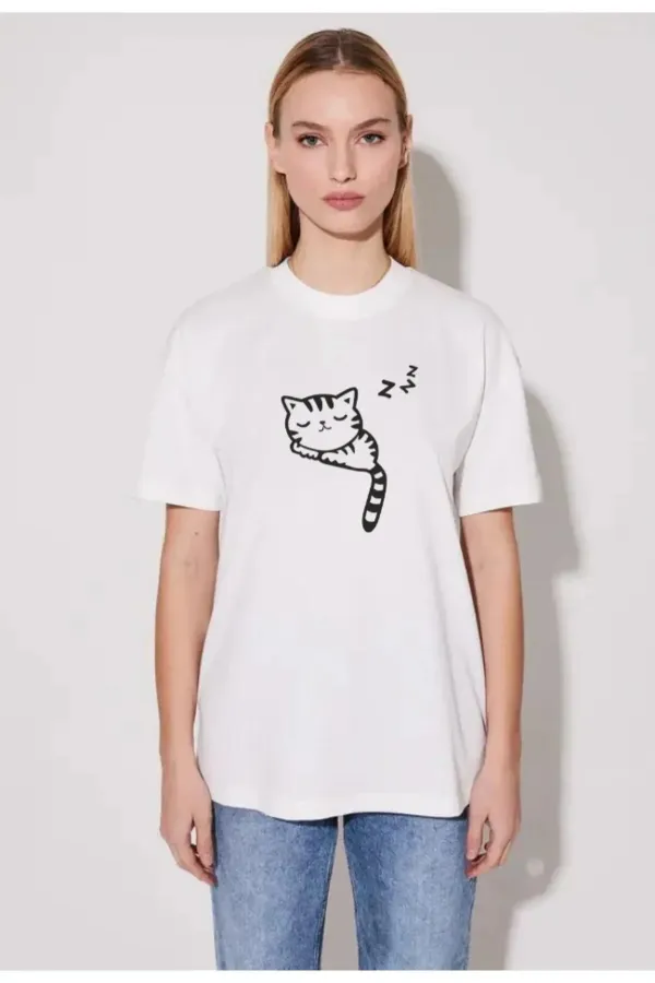 sleepy cat Printed Oversize Cotton T-shirt, trend fashion t-shirt