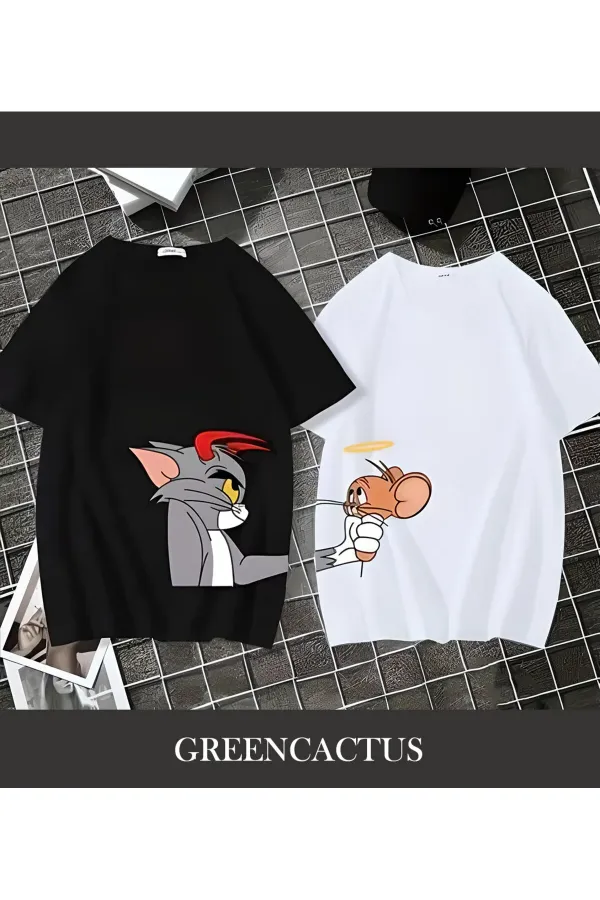 Tom and Jerry printed couple combination white black unisex t-shirt