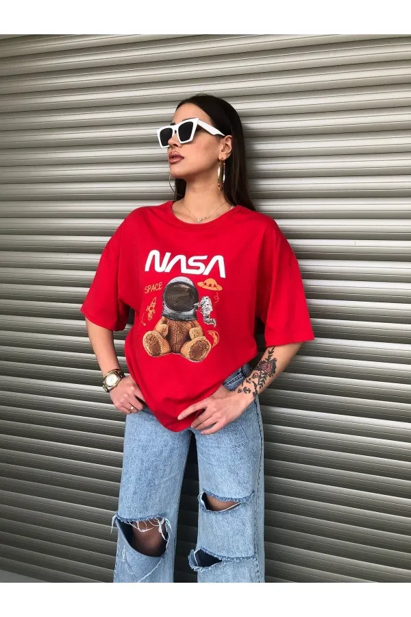 Oversized NASA Teddy Bear Printed Unisex Red T-shirt