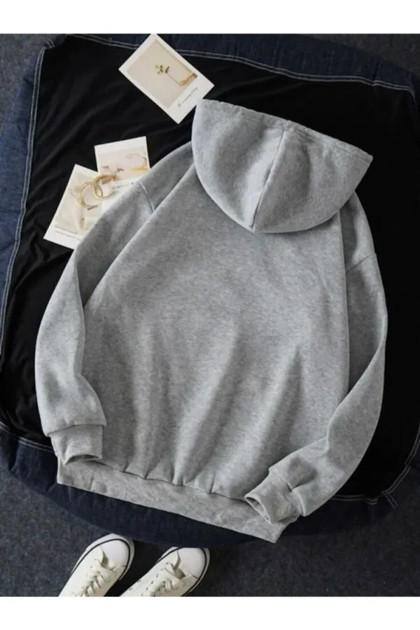 Trend Ahmet Kapüşonlu Kanguru Cepli California Baskılı Oversize Sweatshirt - Gri