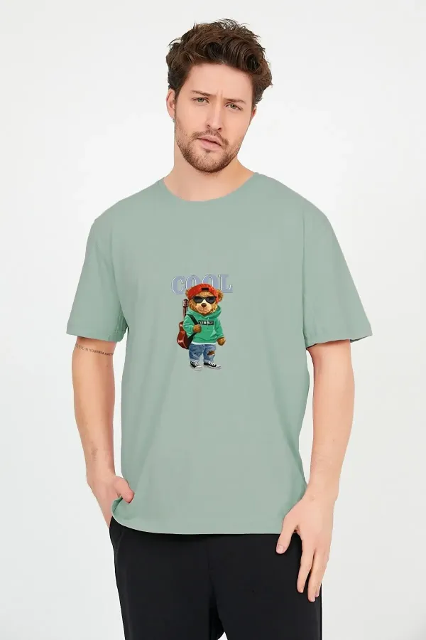 Unisex Mint Oversized Cotton T-shirt with Cool Teddy Bear Print on the Front