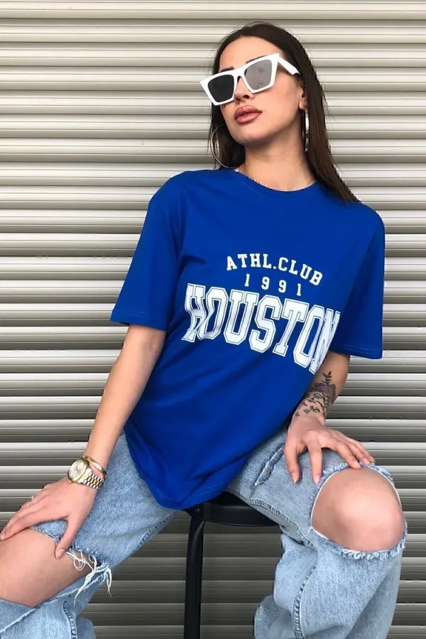 Houston Printed Women's Oversize Saks Blue Salas T-shirt Boyfriend