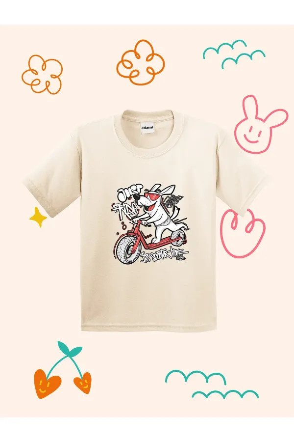 Kids' T-shirt with Cute Dog Riding a Scooter Print