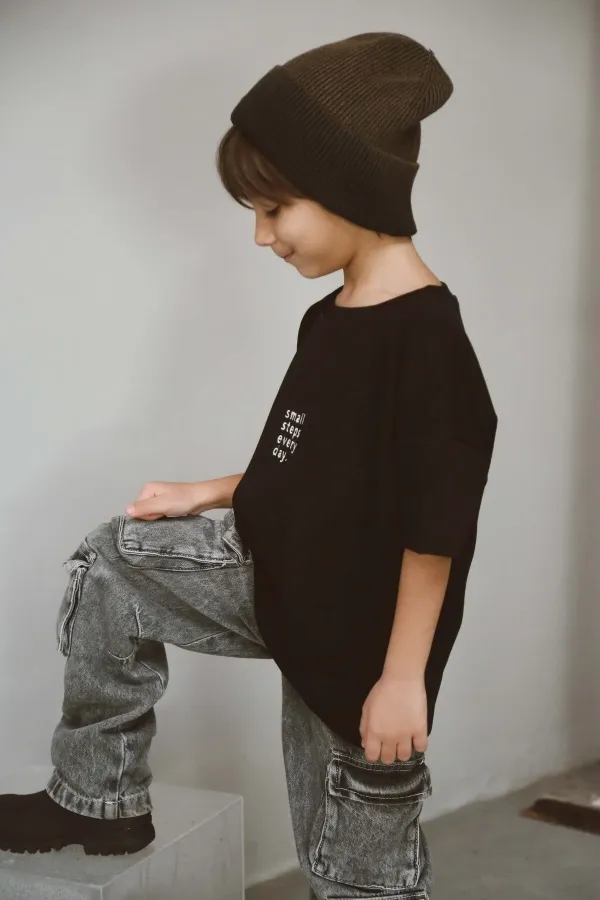Black Crew Neck Embroidered Oversize T-shirt for Baby - Kids