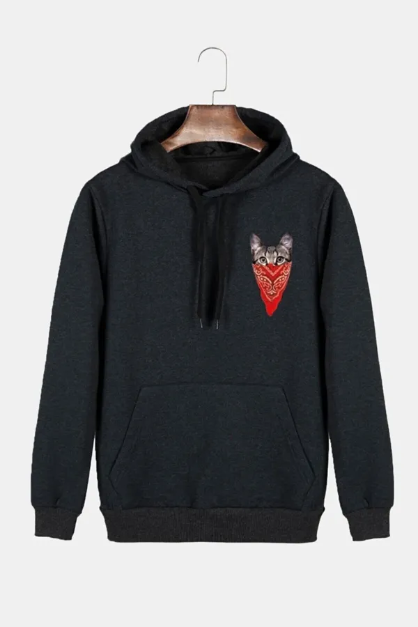 Unisex Antrasit Kapüşonlu Maskeli Kedi Baskılı Slim Fit Kanguru Cepli Sweatshirt