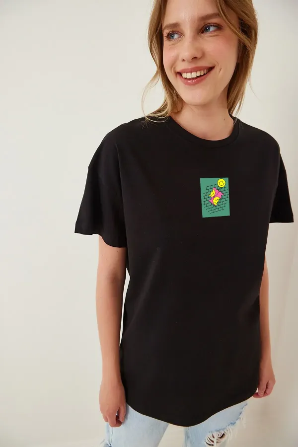 Kadın Siyah Önü Smile Baskılı Bisiklet Yaka Oversize Pamuklu T-shirt