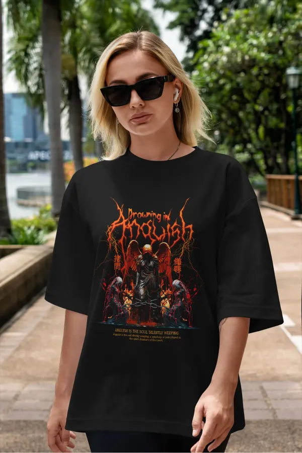 T-shirt unisexe ANGUESH à col rond oversize en coton imprimé personnalisé et coloré