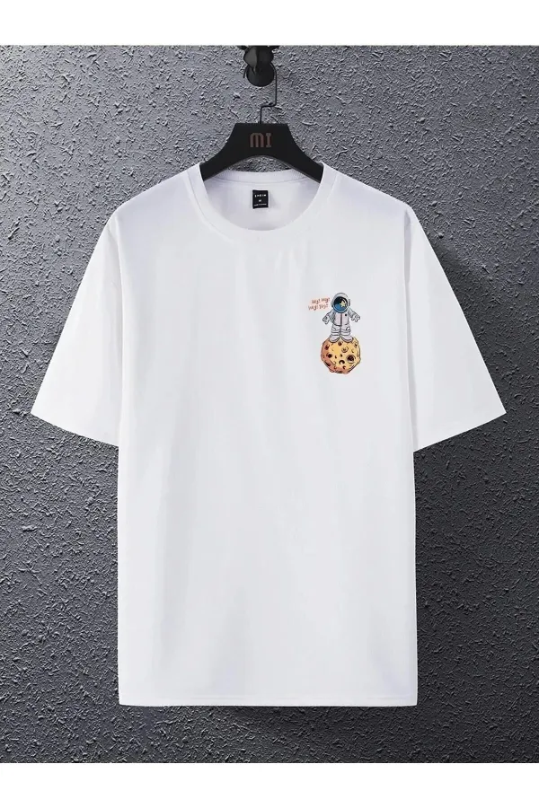 Unisex White Oversized Crew Neck T-shirt with Planet Print on the Back