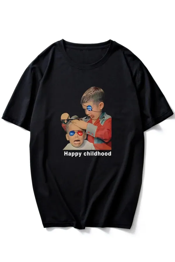 Unisex Black Oversize Happy Childhood Printed T-shirt