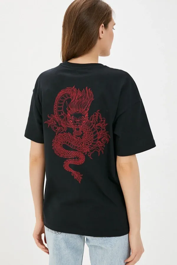 Black Back-Front Red Dragon Printed Oversize T-shirt