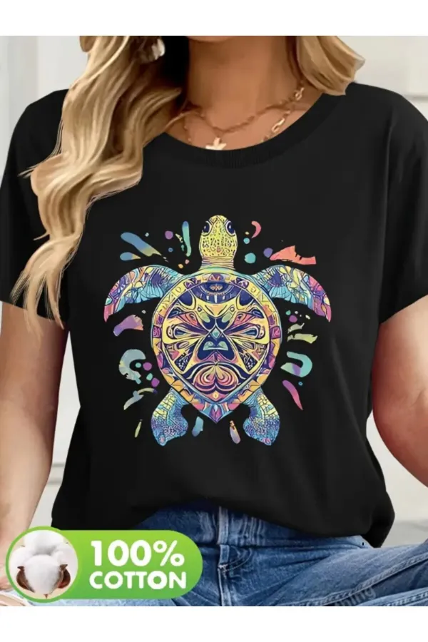 Turtle Printed Oversized Combed Cotton T-shirt