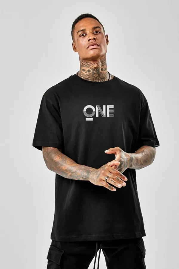 Oversize One Baskılı Siyah Tshirt