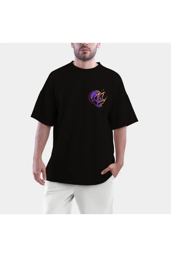 Purple Skull Printed Black Combed Cotton Oversize T-shirt