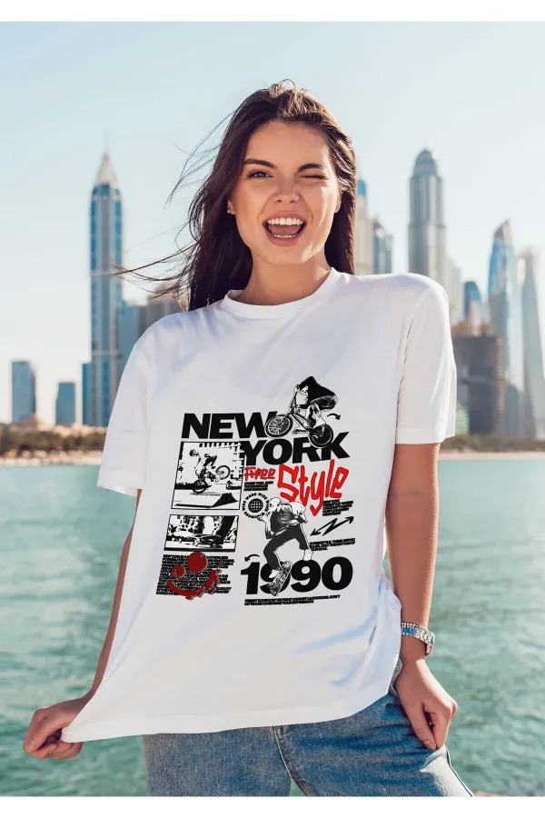 Unisex Erkek/Kadın NEWYORK Renkli Özel Baskılı Oversize Pamuklu Bisiklet Yaka T-Shirt Tişört