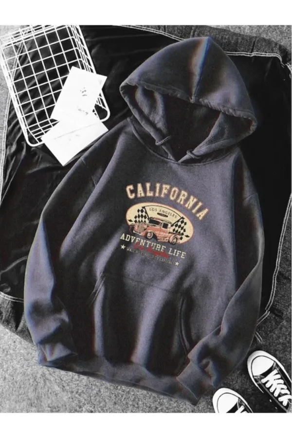 Hooded Kangaroo Pocket California Printed Oversized Sweatshirt - Blue