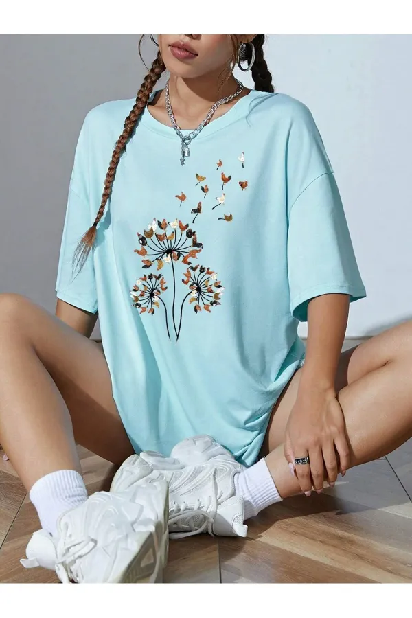 Çiçek Desenli Kadın Oversize Tshirt