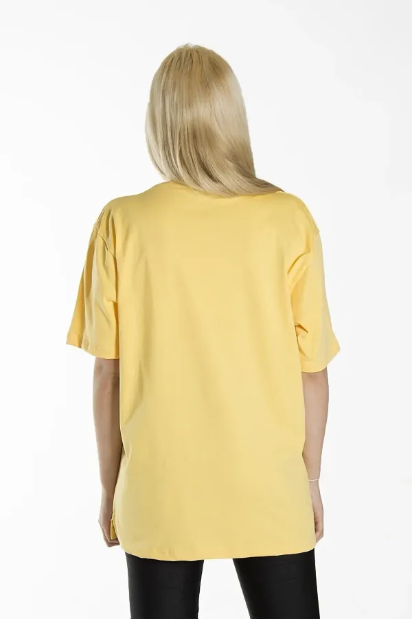 Women's Yellow Front Masked Cat Printed Crew Neck Oversize Cotton T-shirt