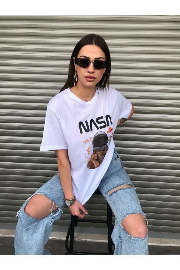 Oversized NASA Teddy Bear Printed Unisex White T-shirt