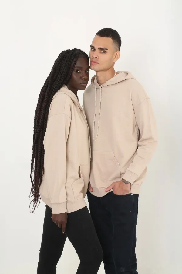 Kapüşonlu Unisex Bej Cepli Sweatshirt (MODADEER)