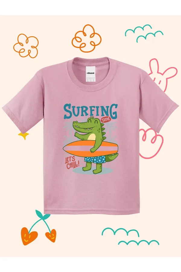 Sörfçü Dino Baskılı Çocuk T-shirt