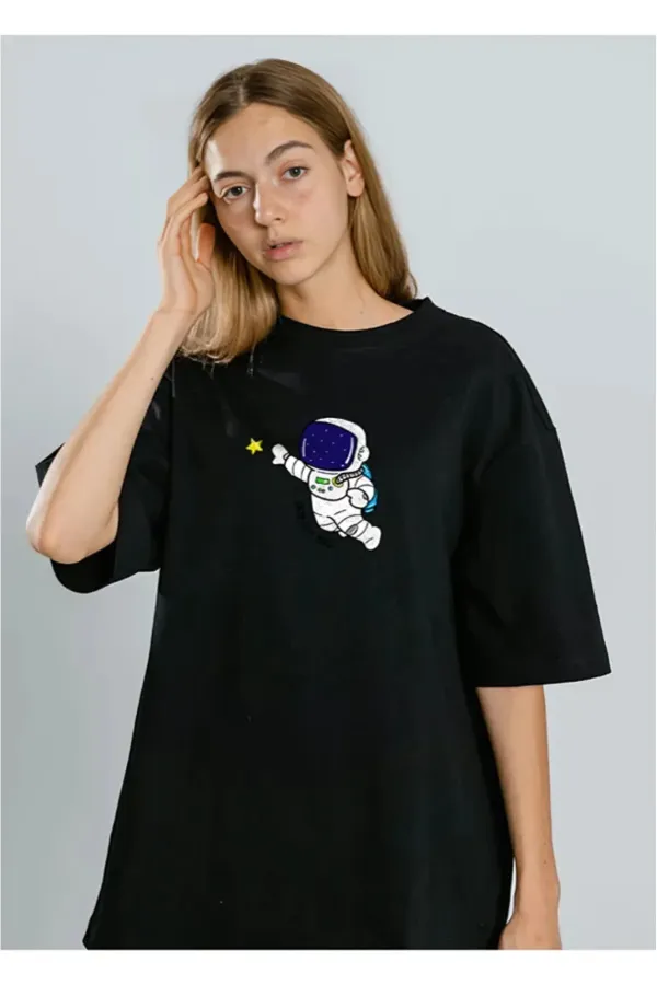 Oversize Tşort astronot Baskılı Bisiklet Yaka