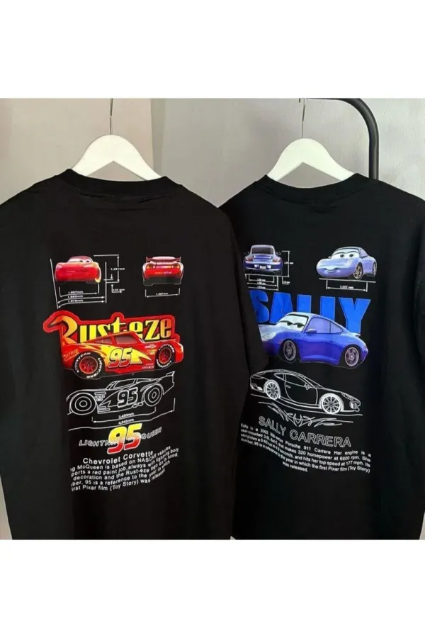 Unisex Rusteze Lightning McQueen-Sally Cars Couple Combination Oversize T-shirt 2-Pack 100% Cotton