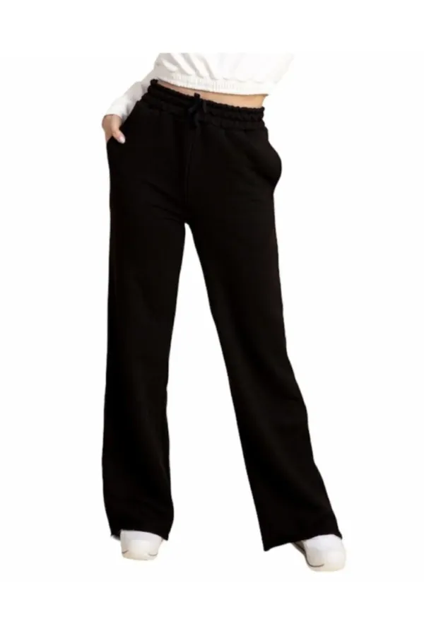 Women's Black Wide Leg High Waist Pocketed Two Yarn Palazzo Sweatpants