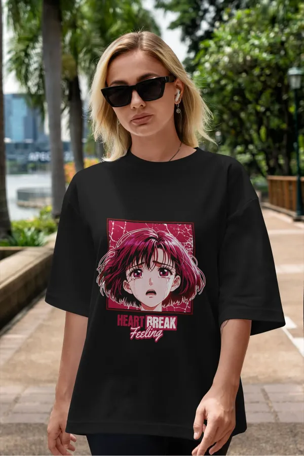 Unisex Erkek/Kadın HEARTH BREAK Renkli Özel Baskılı Oversize Pamuklu Bisiklet Yaka T-Shirt Tişört
