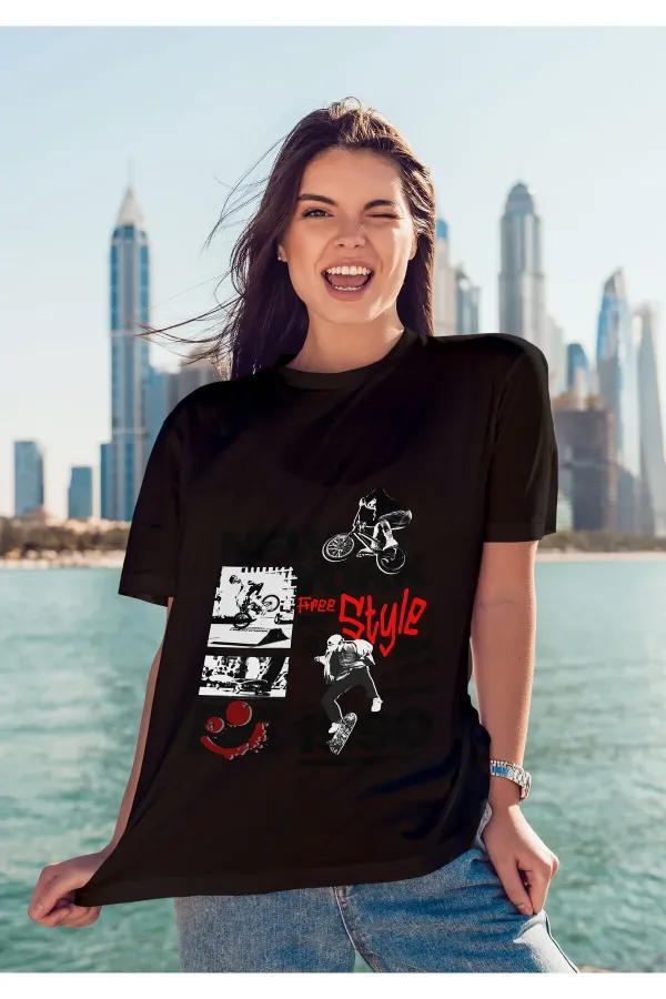 Unisex Erkek/Kadın NEWYORK Renkli Özel Baskılı Oversize Pamuklu Bisiklet Yaka T-Shirt Tişört