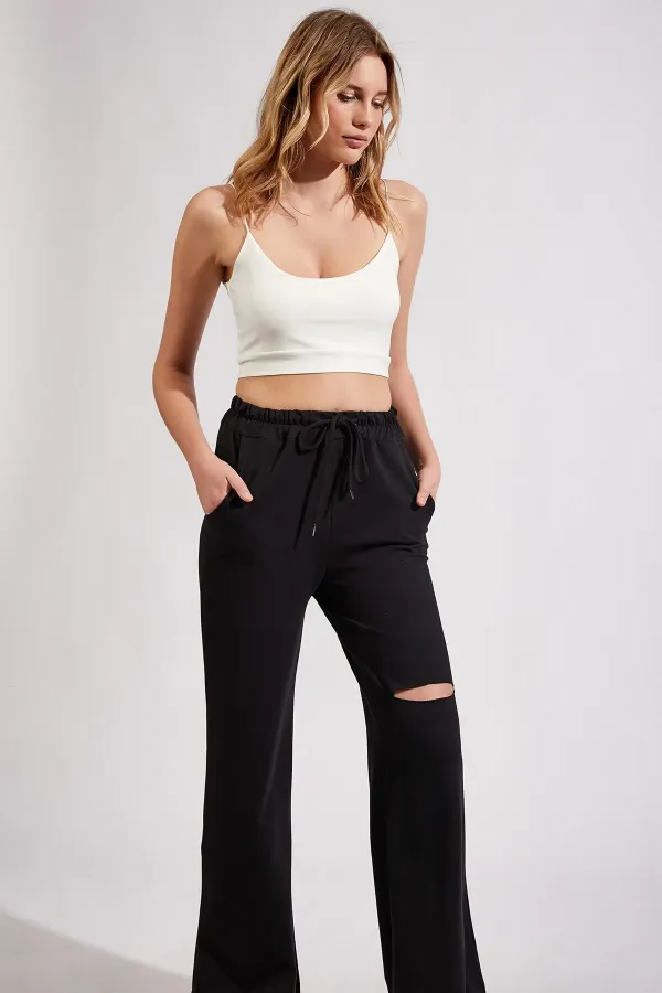 Women's Black Ripped Detailed Knitted Sweatpants (Ff) Si00020