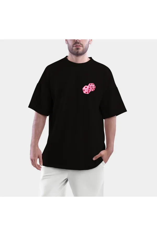 Pink Dice Printed Black Combed Cotton Oversize T-shirt