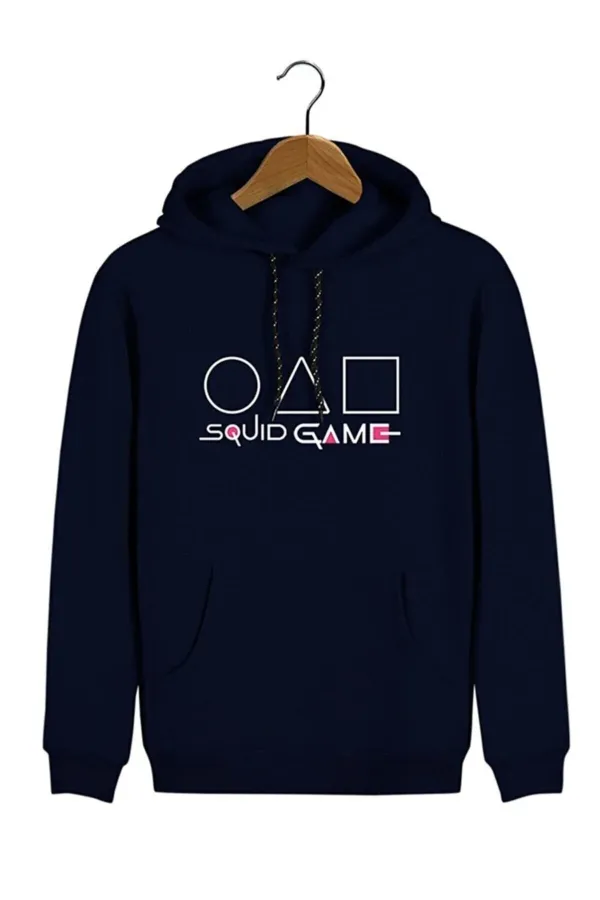 Unisex Lacivert Kapüşonlu Squid Game Baskılı Slim Fit Kanguru Cepli Sweatshirt