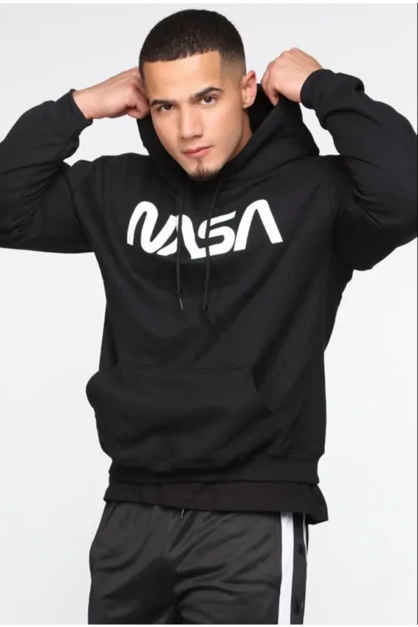 Siyah Erkek Nasa Baskı Kapüşonlu Sweatshirt