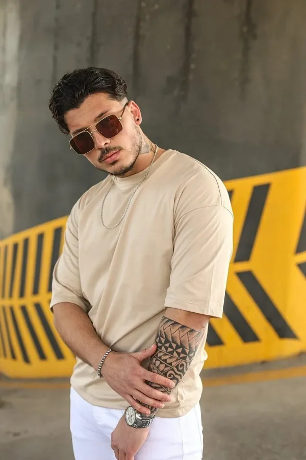 Unisex Beige Plain Oversize T-shirt garalio