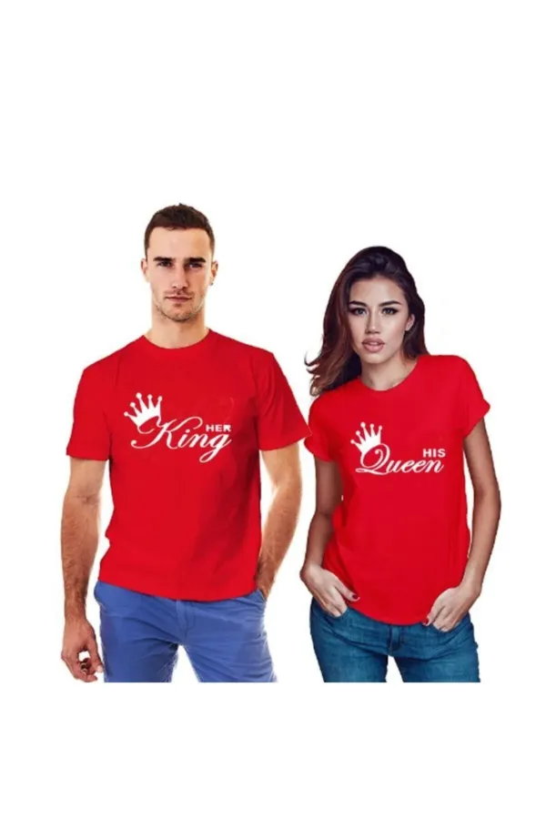 King Queen Baskılı Kırmızı Sevgili T-Shirt Kadın Small Erkek Small 2 Adet