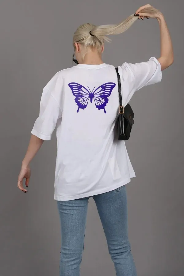 T-shirt oversize unisexe coupe décontractée motif papillon violet