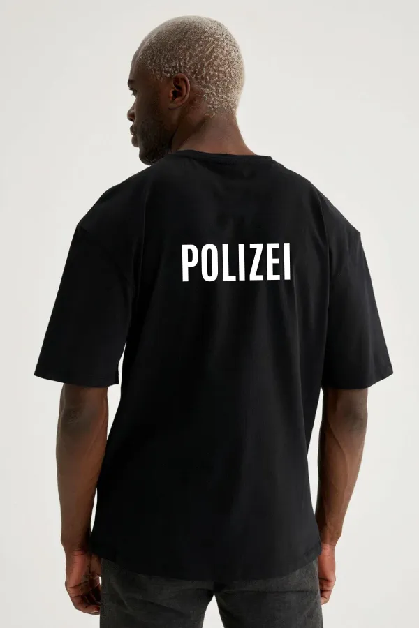 Men's Black Color Oversize Polizei Printed T-shirt