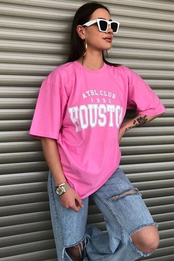 T-shirt oversize imprimé texte Houston rose pour femme