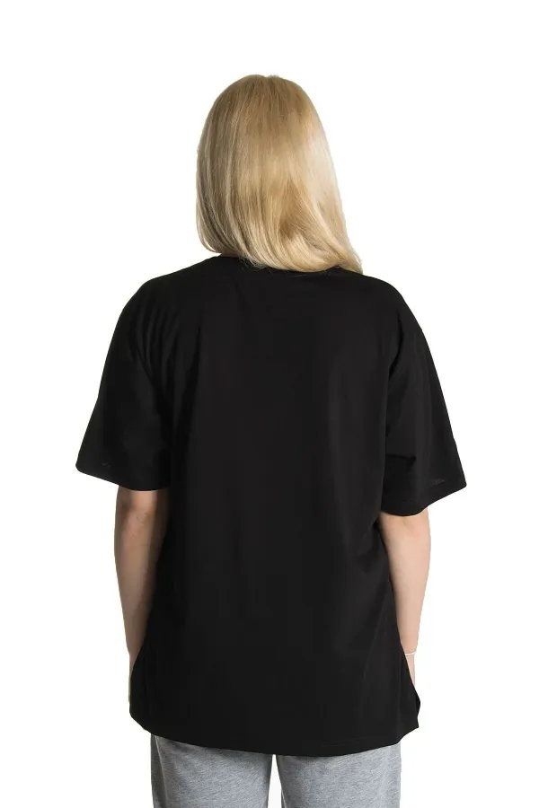 T-shirt oversize en coton à col ras du cou et imprimé chat masqué noir pour femme