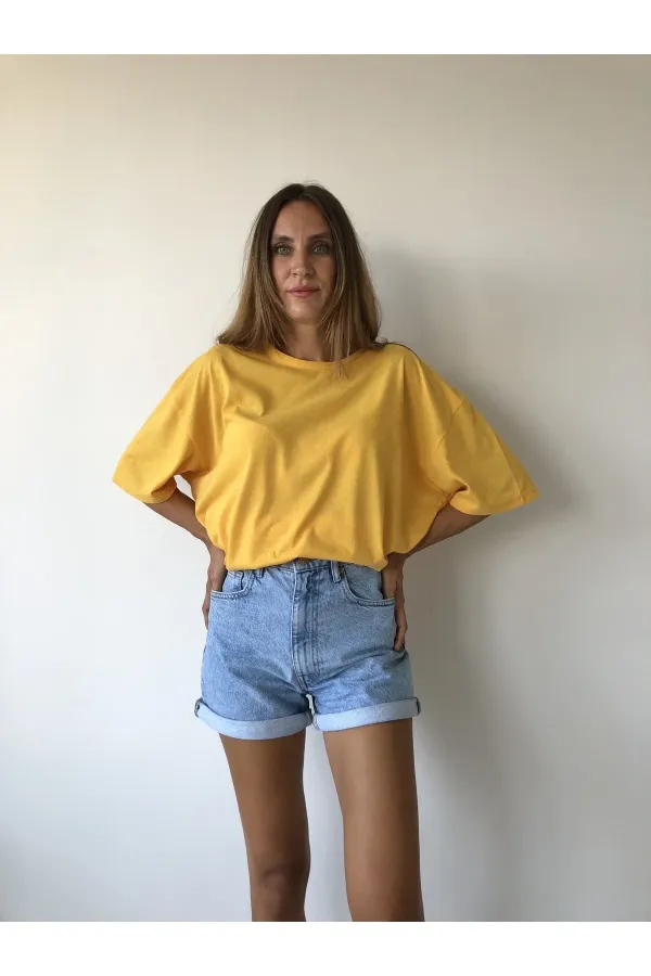 Unisex Sarı Pamuk Bisiklet Yaka Boyfriend Örme Oversize T-shirt