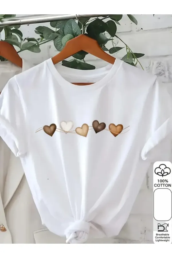 Oversized Combed Cotton T-shirt with Heart Chest Print